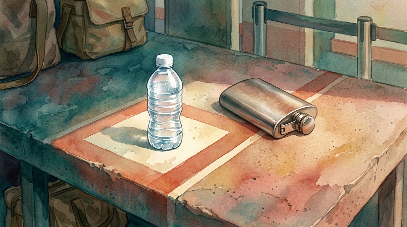 Aquarell-Illustration: Stillleben auf einem sonnenverbrannten Tisch der Sicherheitskontrolle, darauf eine kleine, weiche, werksversiegelte Einweg-Plastikwasserflasche