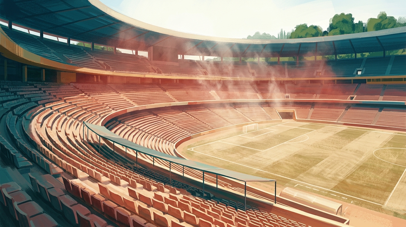 Aquarell-Illustration: eine riesige offene Stadionschale in gleißender Mittagssonne, Reihen leerer Sitze flimmern hinter aufsteigender Hitze