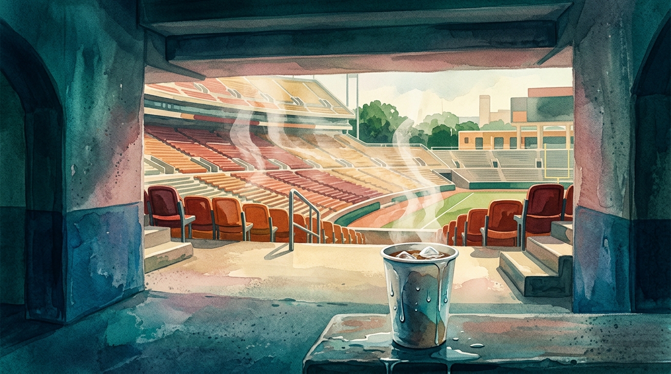 Aquarell-Illustration: Blick aus einem kühlen, schattigen Stadionumgang, dessen blaugrüner Schatten den Vordergrund füllt und sich nach draußen öffnet