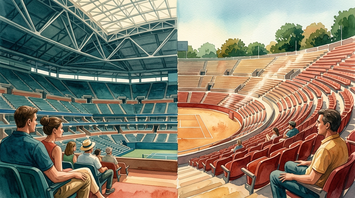 Aquarell-Illustration: dramatisch geteilte Szene in einem Bild, links das Innere eines überdachten, klimatisierten Stadions aus Stahl
