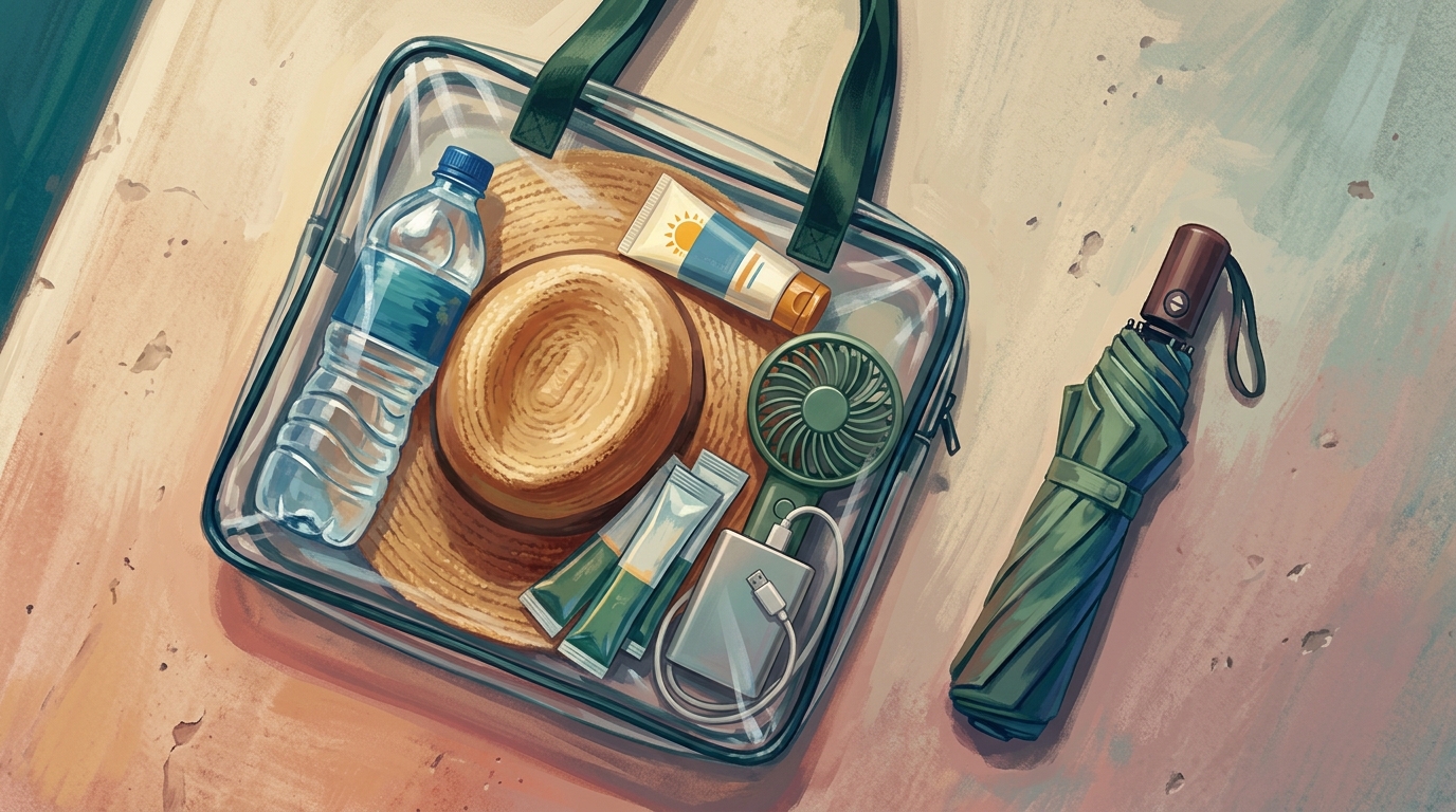 Aquarell-Illustration: Draufsicht auf eine durchsichtige Stadiontasche aus Vinyl, etwa 30x30x15 cm, gepackt für ein Nachmittagsspiel unter freiem Himmel