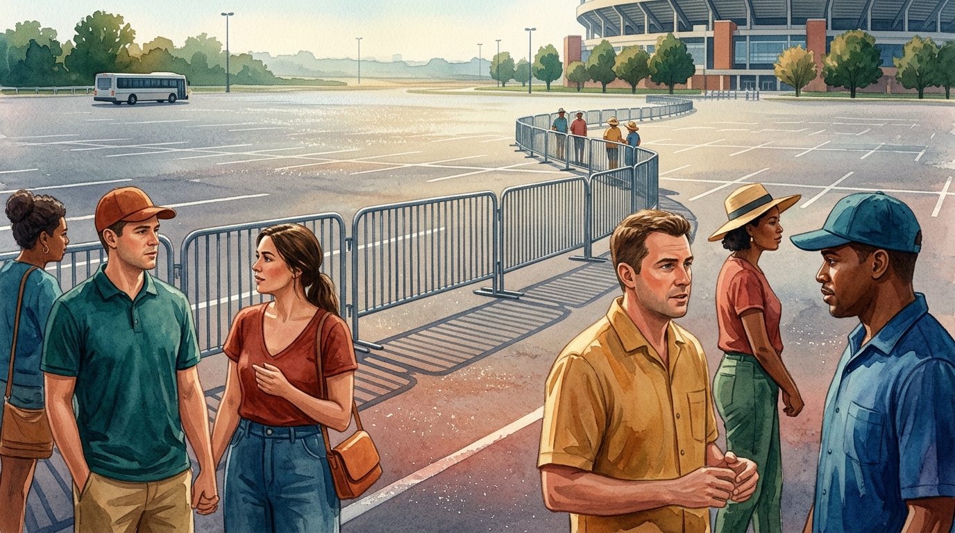 Aquarell-Illustration: eine Schlange aus Absperrgittern windet sich über einen riesigen, flimmernden Asphaltparkplatz auf ein fernes Stadion zu