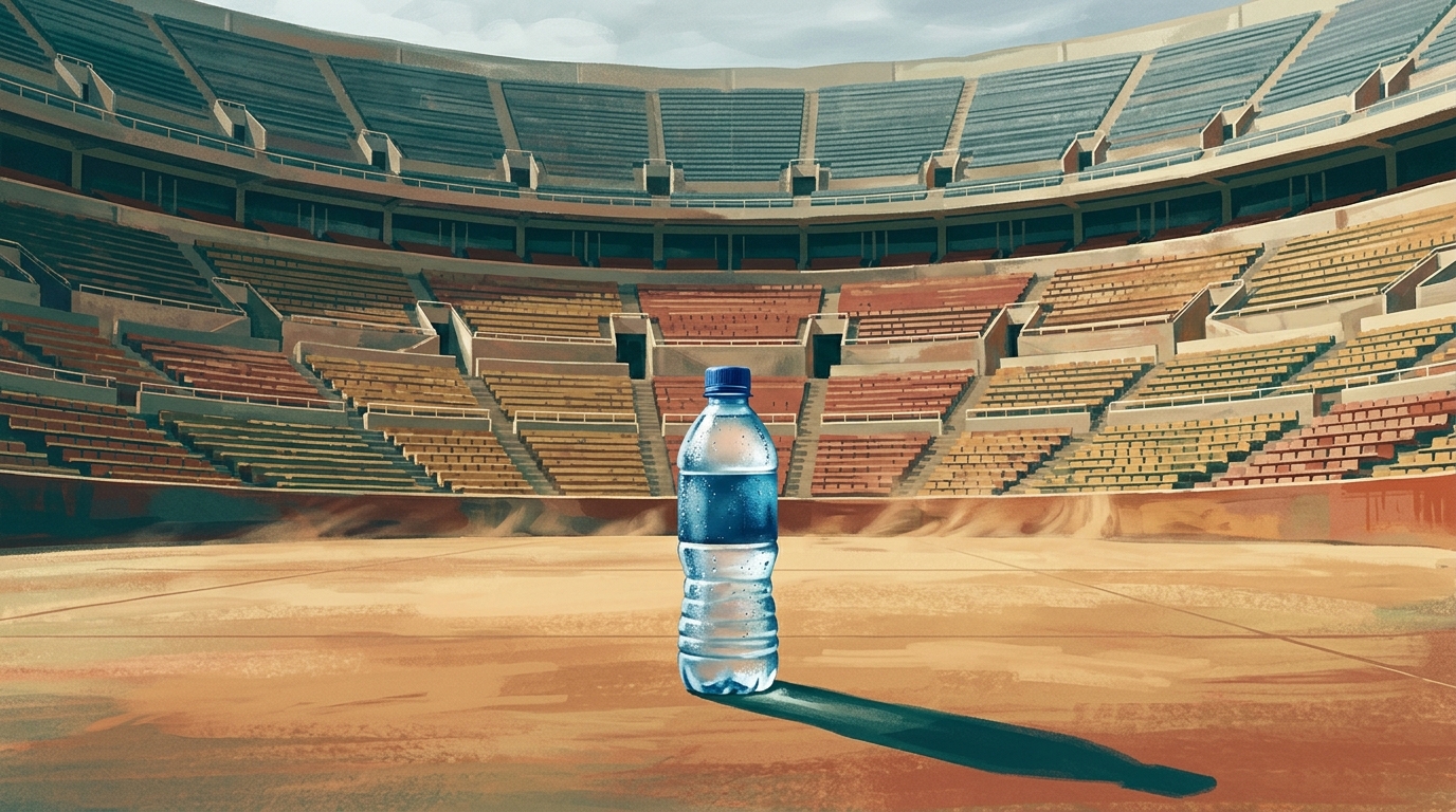 WM 2026 Hitze: einsame versiegelte Wasserflasche in einem sonnenverbrannten Stadionrund, Aquarell-Illustration