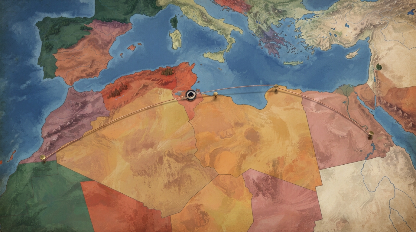 Editorial illustration of Illustrated unmarked map of a Mediterranean coastline and North African desert, painted in deep forest green, dusty mauv