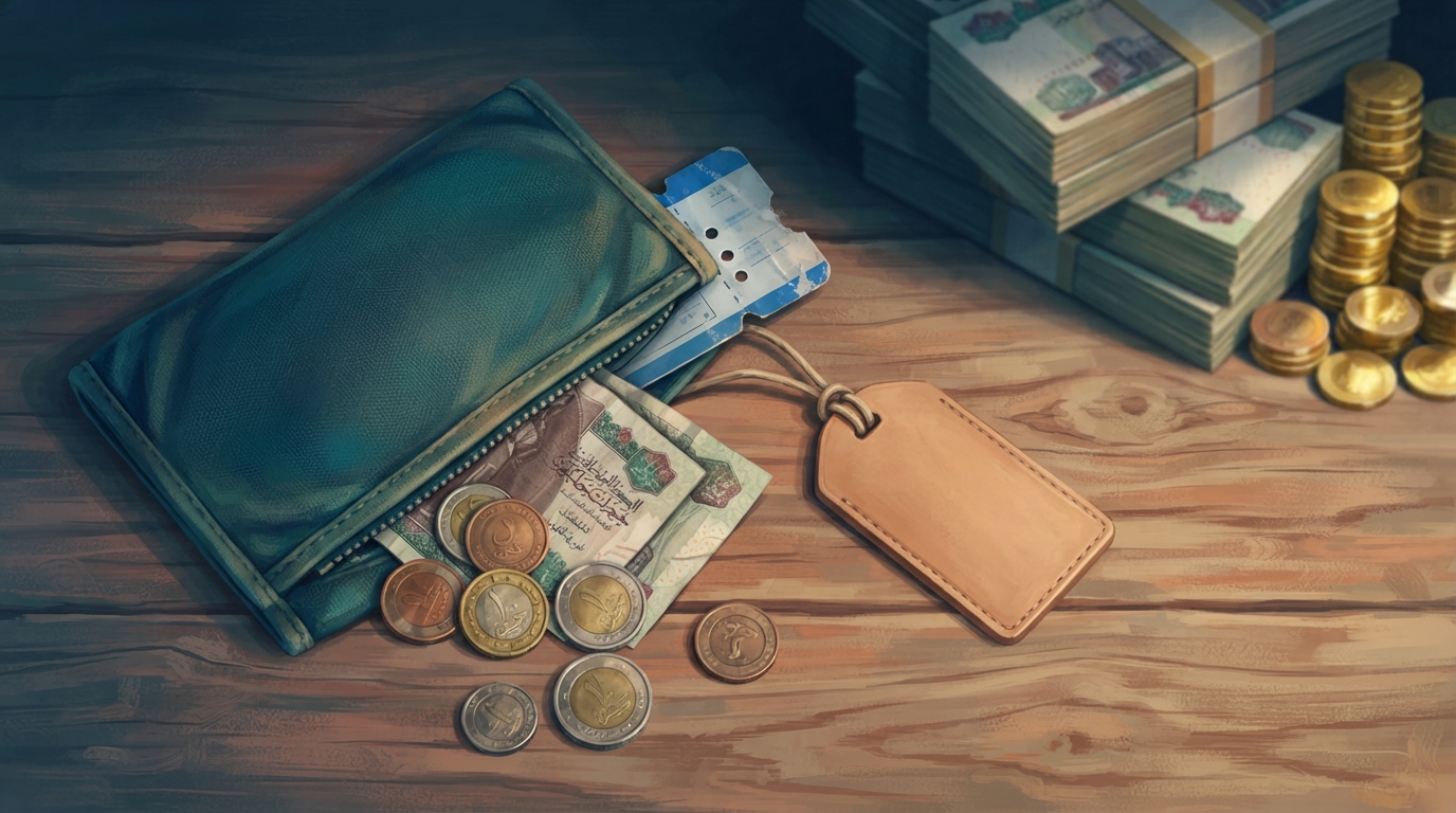 Editorial illustration of Overhead flat-lay of a modest canvas travel wallet lying open on a weathered wooden desk, spilling a small stack of Egyp