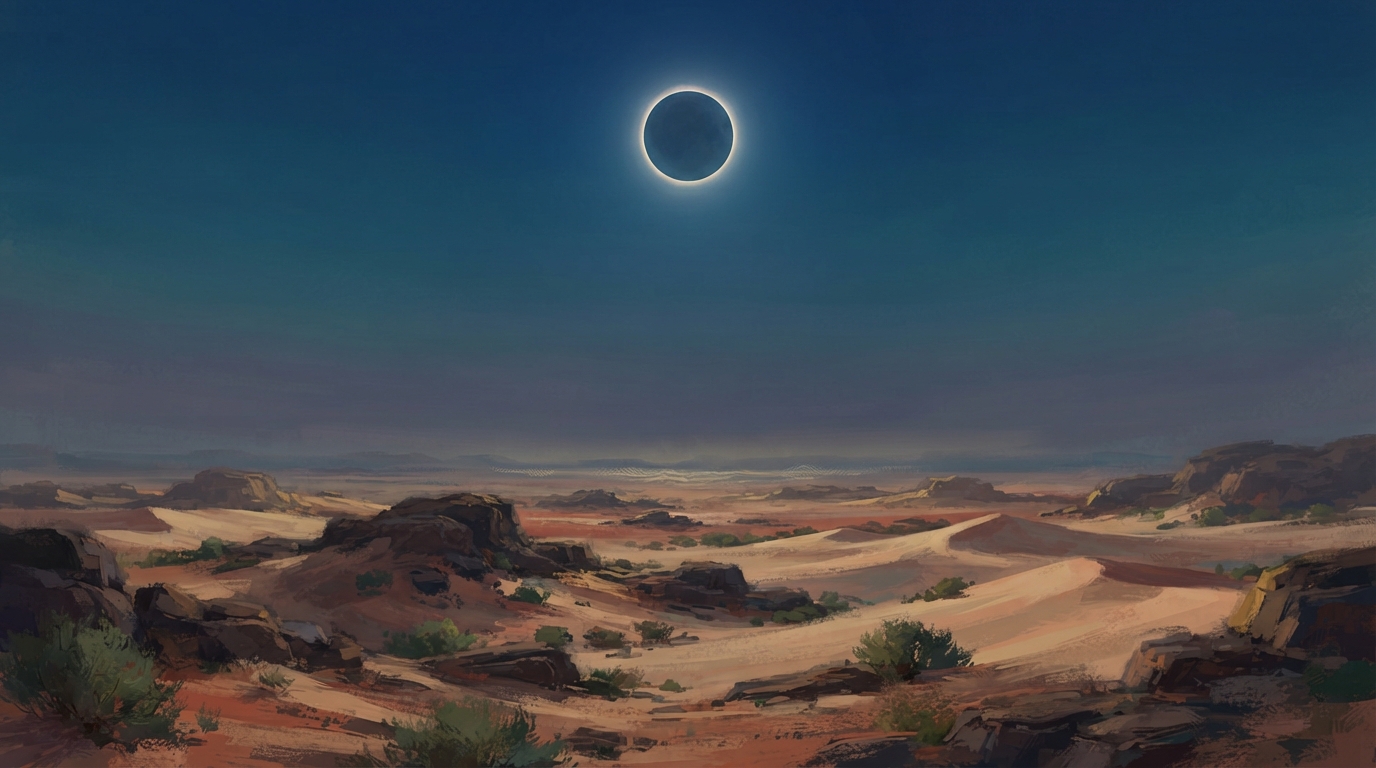 Editorial illustration of Wide desert landscape south of Luxor at the moment of totality: pale dunes and scattered dark rock outcrops beneath a sk