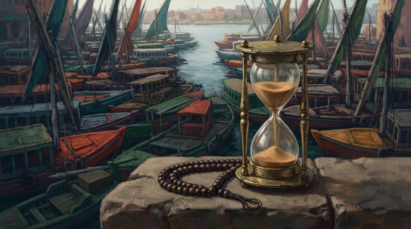 Editorial illustration of A brass hourglass with fine ochre sand already half drained sits alone on a weathered stone ledge, a loop of dark prayer
