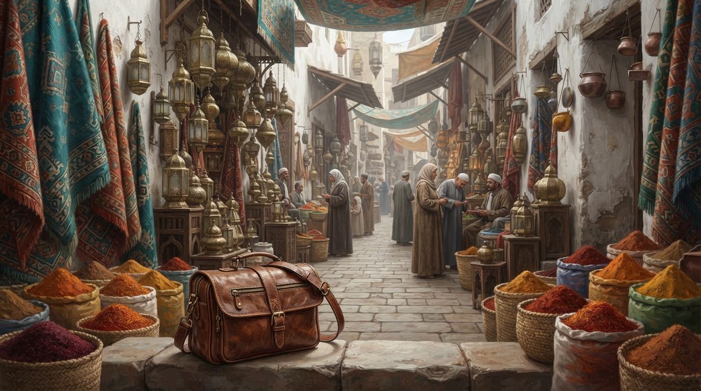 Editorial illustration of A narrow Khan el-Khalili bazaar alley lined with stacked brass lanterns of varying sizes, richly patterned woven carpets