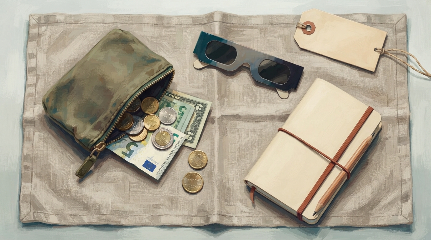 Editorial illustration of Overhead flat-lay of a small canvas coin pouch spilling a modest handful of coins and two folded banknotes across a line