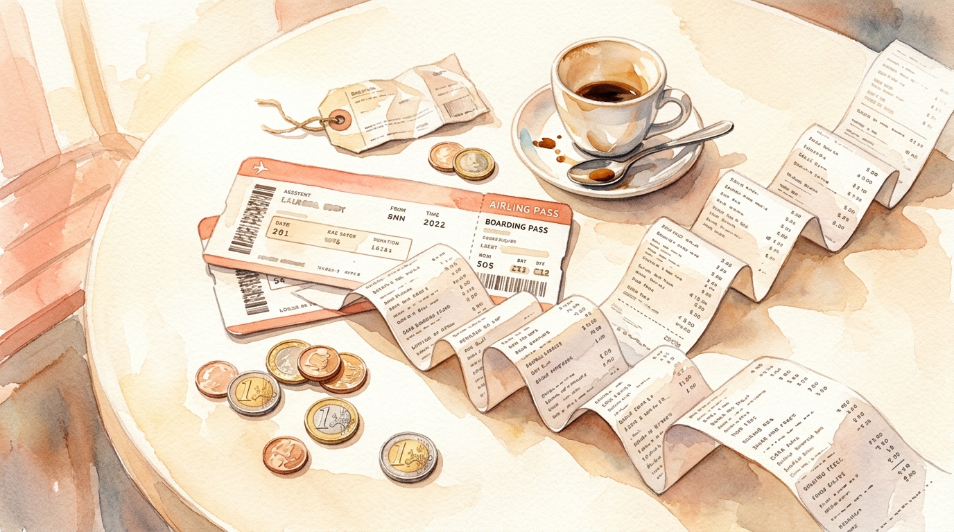 Watercolor illustration of an airline boarding pass lying on a cafe table, with a long accordion-folded receipt unfurling from beneath it like a pa