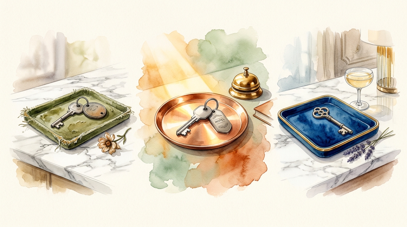 Watercolor illustration of three hotel room keys arranged side by side on a marble countertop, each sitting on a small velvet tray of different qua