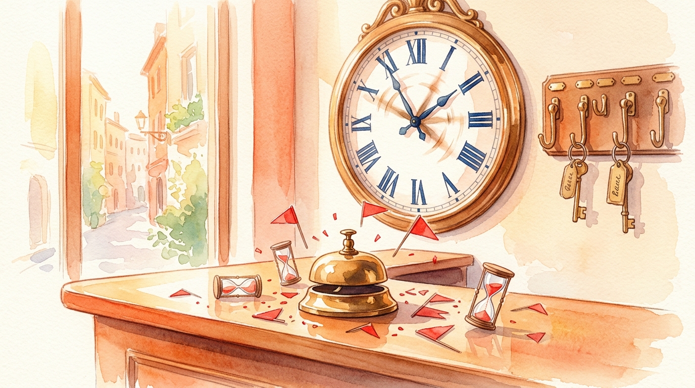 Watercolor illustration of a hotel reception desk bell sitting alone on a polished wooden counter, surrounded by a flurry of small red flags and ti