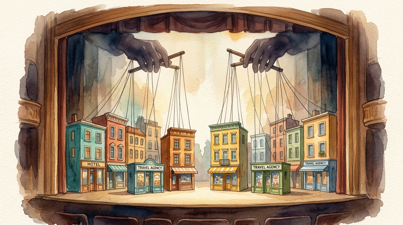Watercolor illustration of a grand puppet theater stage viewed from the audience, where a dozen colorful marionette storefronts (tiny hotel facades
