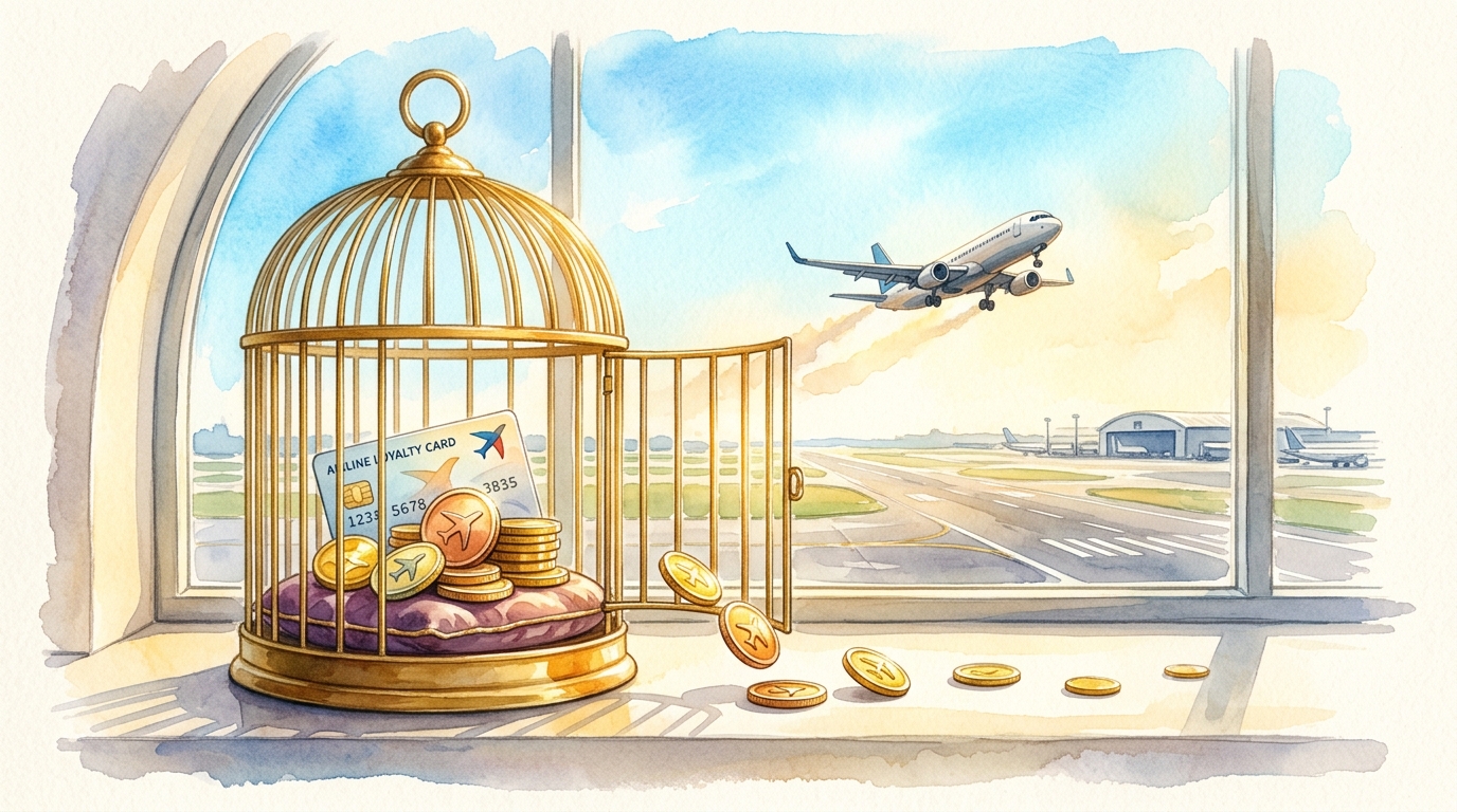 Watercolor illustration of a golden birdcage sitting open on an airport terminal windowsill, with a loyalty card and a pile of airline miles (depic