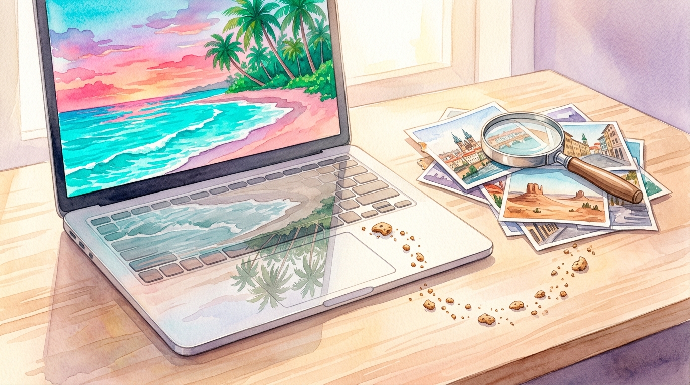 Watercolor illustration of an open laptop on a wooden desk, its screen reflecting a tropical beach scene in impossibly vivid turquoise and magenta