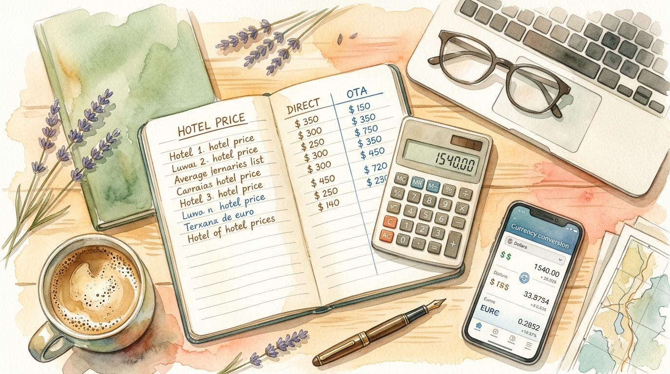Watercolor illustration of a bright, organized traveler's desk seen from above: a calculator with a clear total displayed, a notebook with a handwr