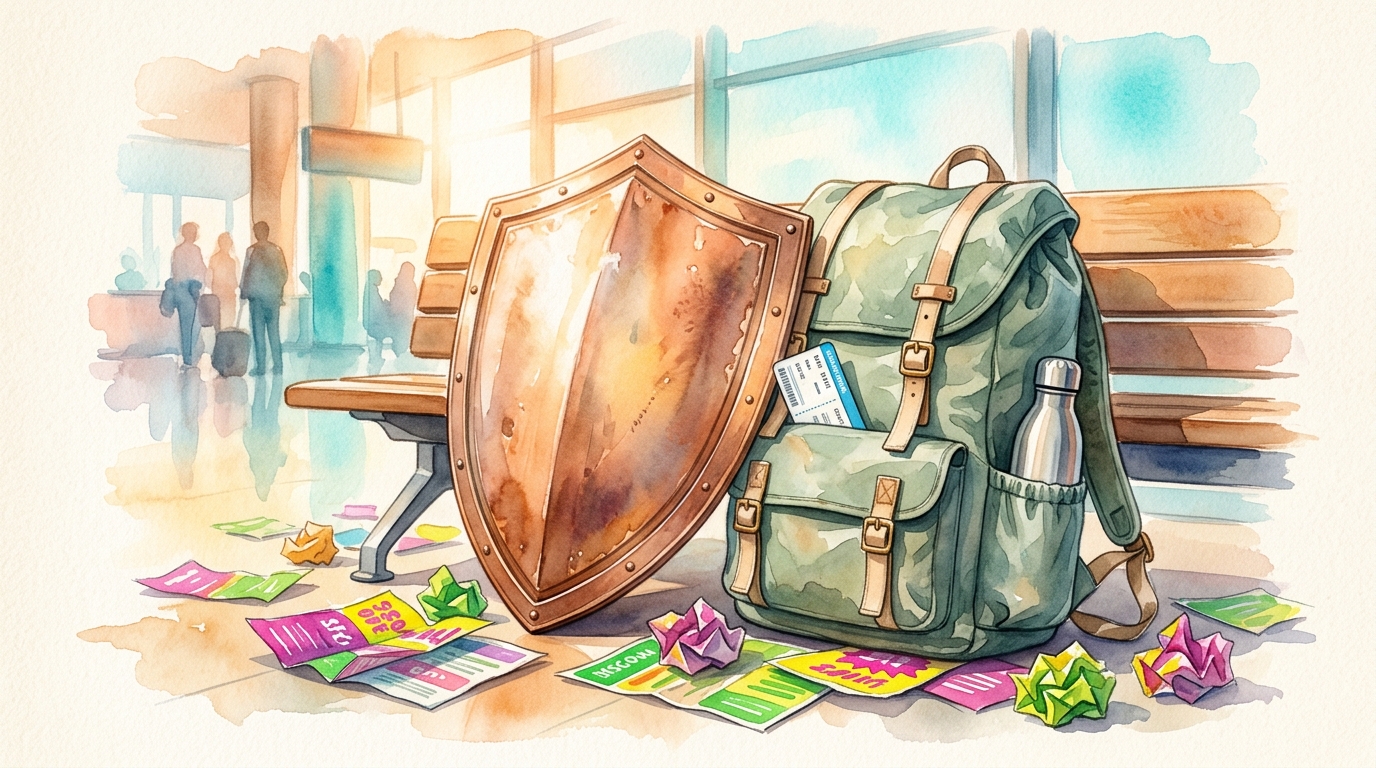 Watercolor illustration of a sturdy vintage shield propped against a travel backpack on an airport bench, with crumpled marketing brochures and fak
