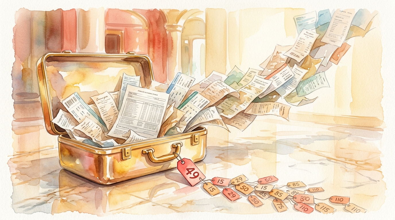 Watercolor illustration of a gleaming golden suitcase sitting open on a hotel lobby floor, overflowing not with clothes but with crumpled receipts,, representing travel marketing tricks nobody notices