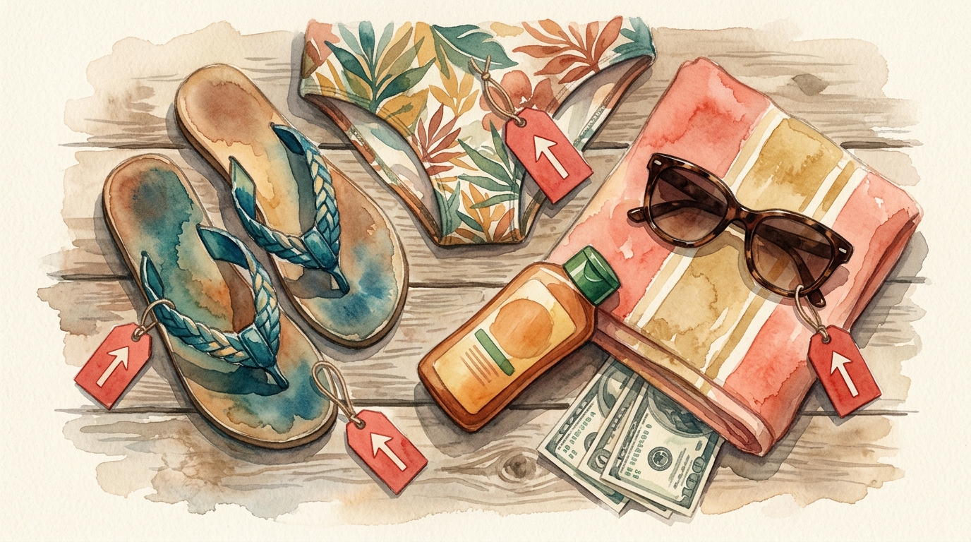 Aquarellillustration einer Draufsicht auf sommerliche Reiseutensilien auf einem verwitterten Holztisch: Flip-Flops, Sonnencreme, Reisepass und Sonnenbrille