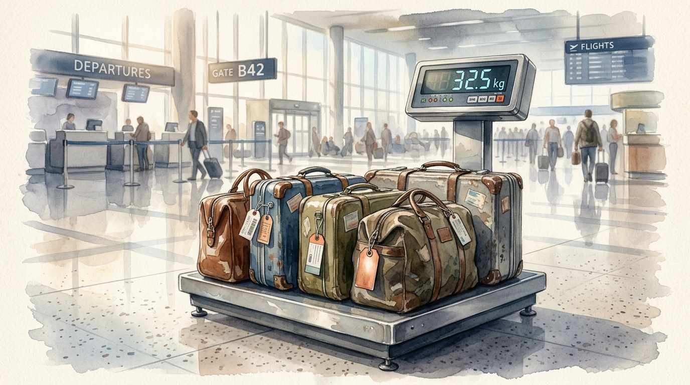Aquarellillustration einer Reihe abgenutzter Koffer und Reisetaschen auf einer Flughafen-Gepäckwaage, das Gewicht auf der Anzeige gut sichtbar