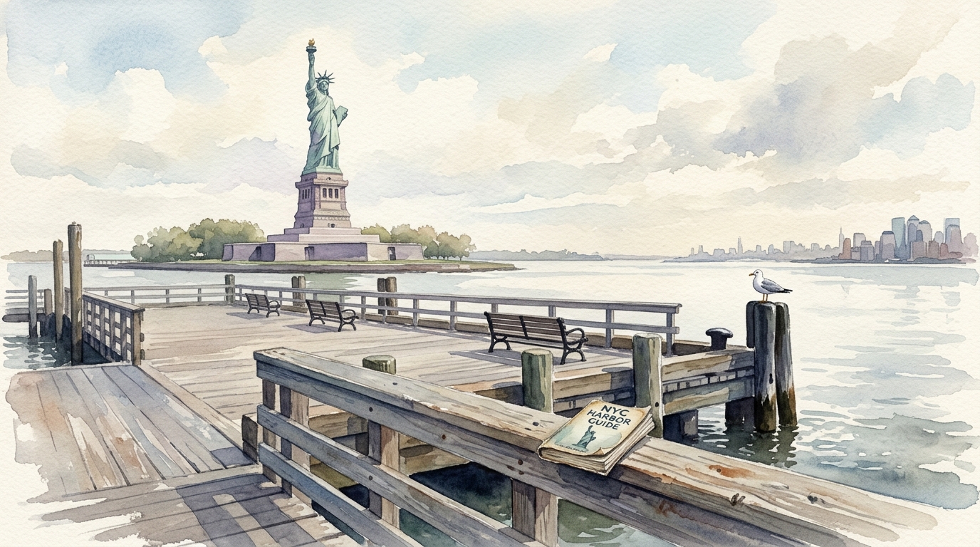 Aquarellillustration der Freiheitsstatue aus der Ferne über den Hafen, aber das sonst überfüllte Fährdock im Vordergrund ist fast leer
