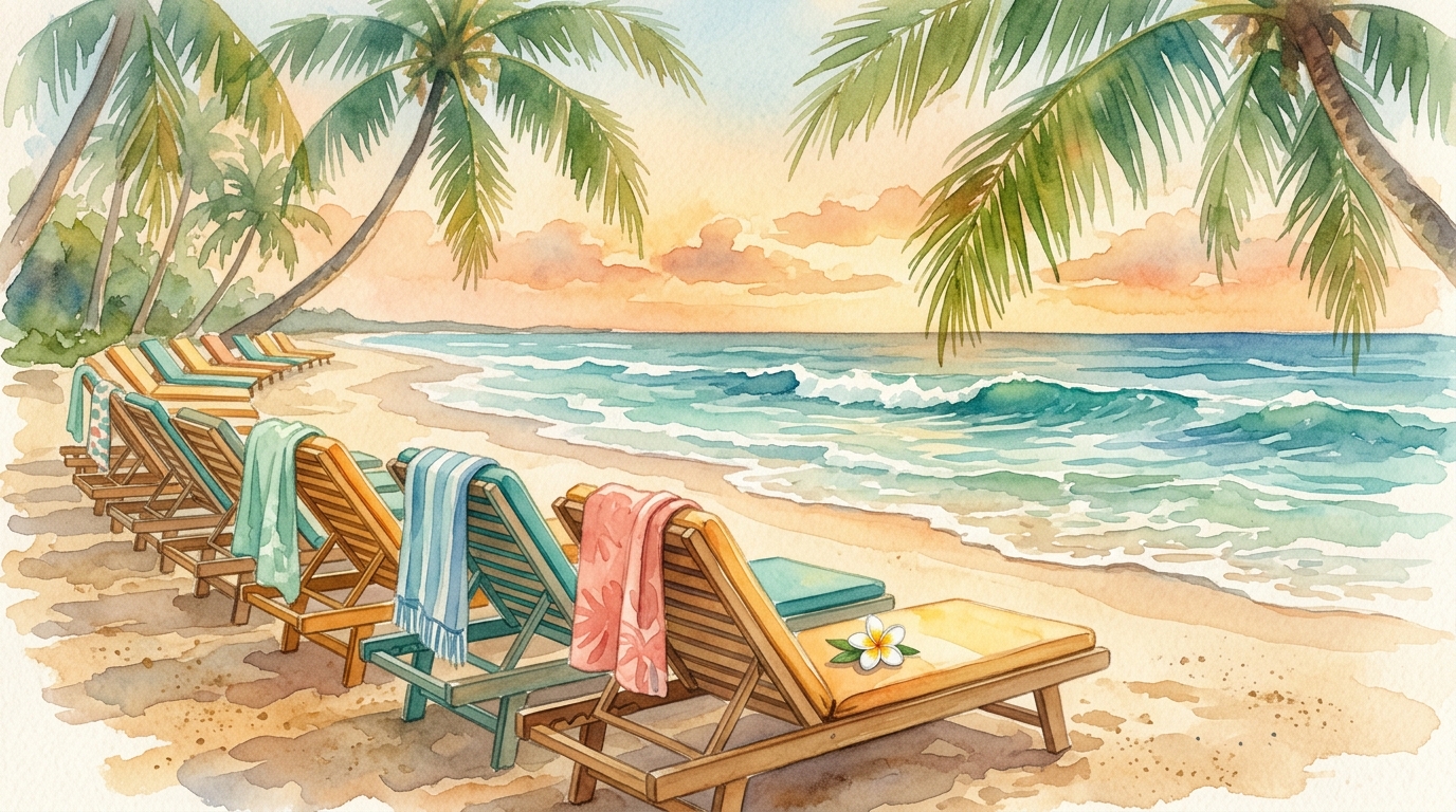 Aquarellillustration eines hawaiianischen Strands bei Sonnenuntergang mit einer Reihe bunter Strandliegen – alle leer, Handtücher drapiert, aber keine Besucher