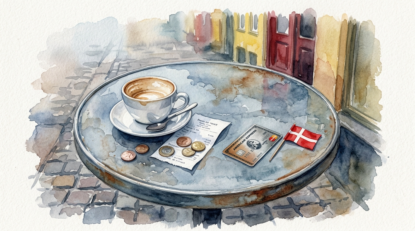 Aquarellillustration eines kleinen Kopenhagener Straßencafé-Tischs von oben: ein halb ausgetrunkener Cappuccino in einer weißen Tasse, ein paar dänische Kronen und ein Reisetagebuch