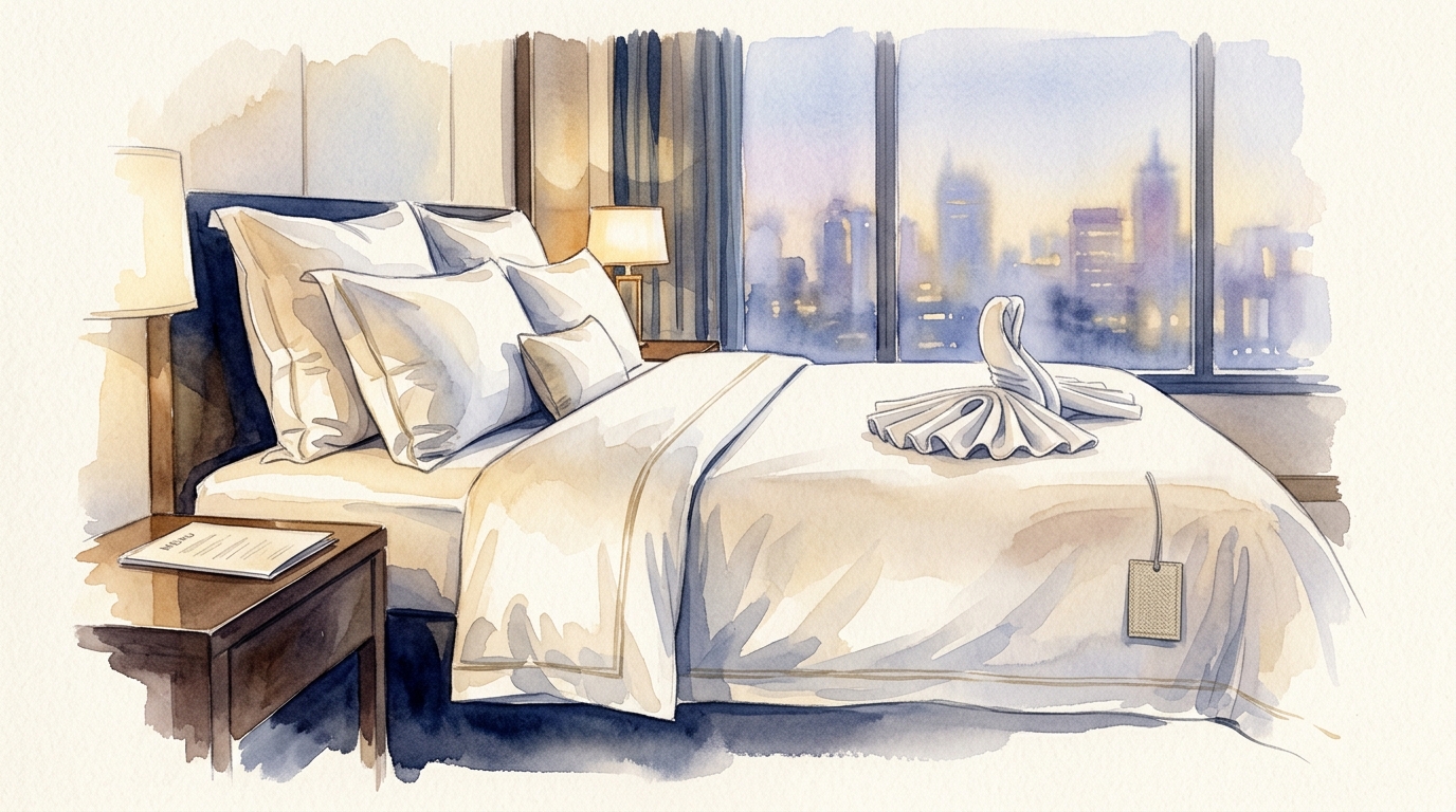 Aquarellillustration eines frisch gemachten Hotelbetts mit knackig weißer Bettwäsche und gestapelten Kissen, einem gefalteten Handtuch auf der Tagesdecke und einem kleinen Preisschild am Rand
