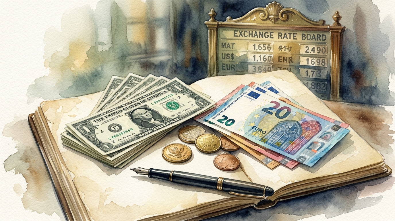 Aquarellillustration eines Stilllebens auf einem abgenutzten Reisetagebuch: ein Fächer aus US-Dollar-Scheinen neben einem kleineren Fächer aus Euro-Banknoten