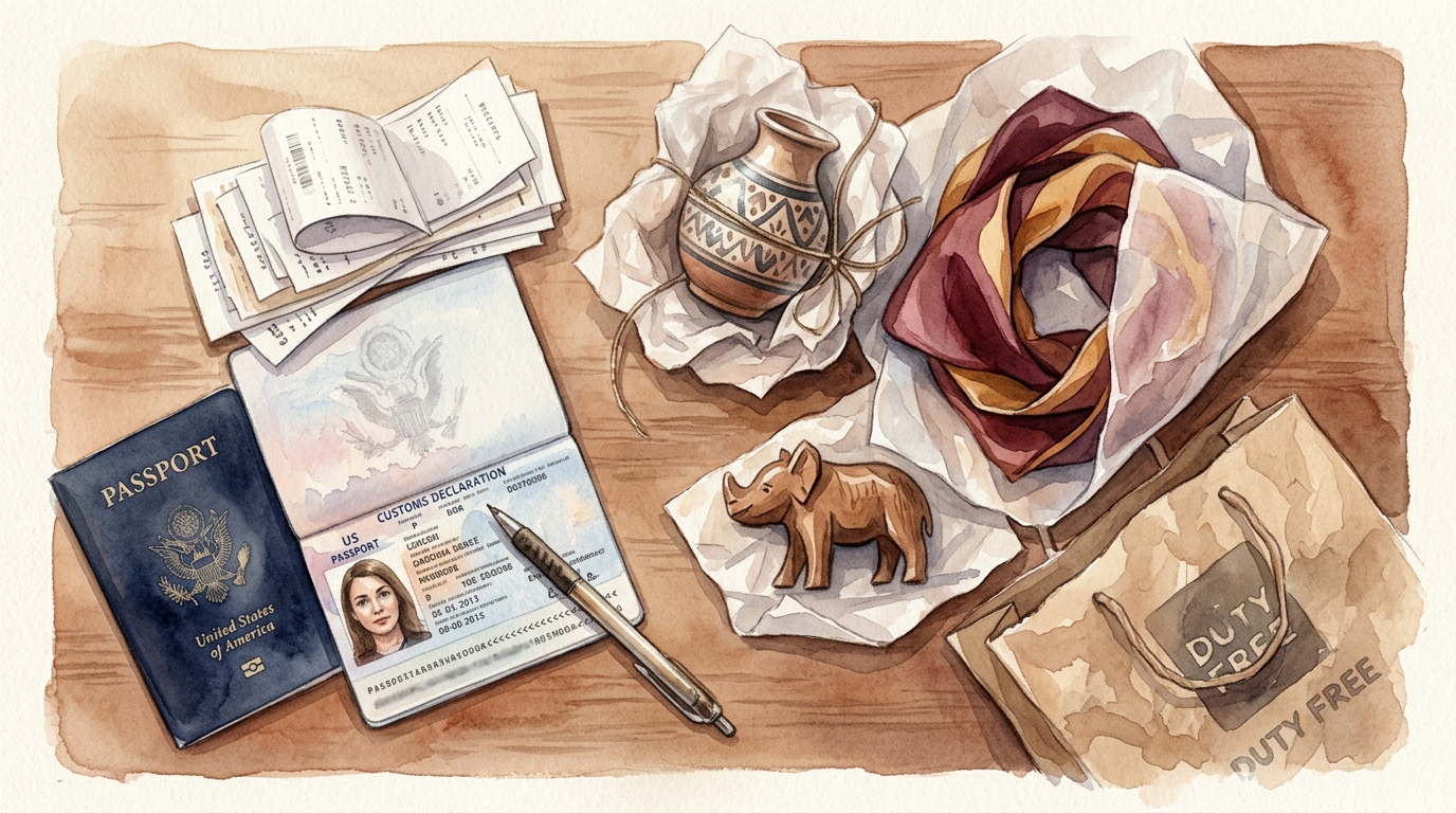 Aquarellillustration einer Zollerklärung: ein geöffneter US-Reisepass neben einem ordentlichen Stapel Quittungen, ein paar verpackte Souvenirs und ein Kugelschreiber