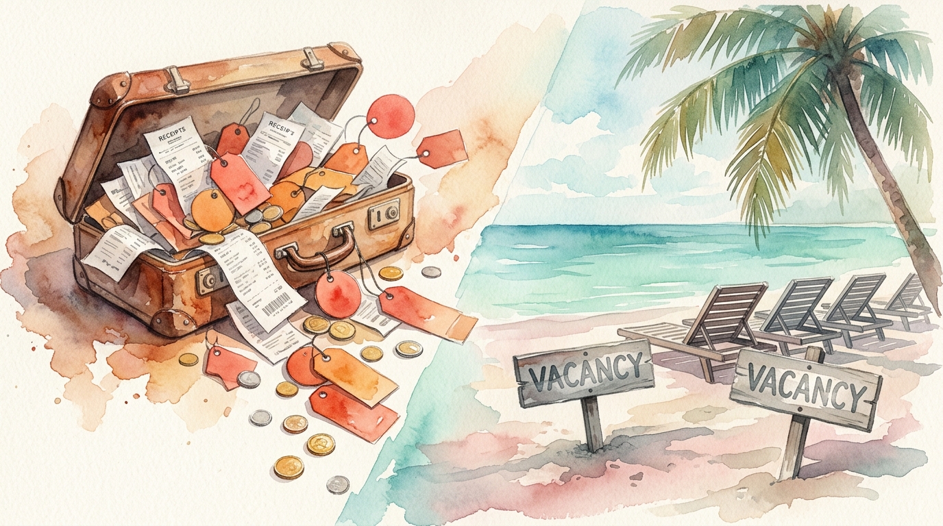 Watercolor illustration of a dramatic split composition: on the left, a vintage leather suitcase bursting open with an avalanche of red and orange , representing how tariffs affect travel costs 2026