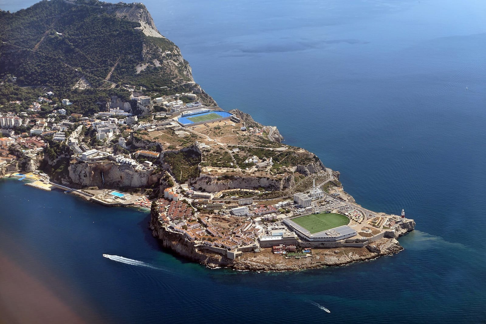 Aerial view of Europa Point, Gibraltar's low southern tip, with its lighthouse and open sea to the east