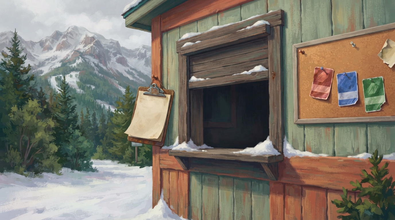 Editorial illustration of A small wooden ticket booth at the base of a snowy mountain, its service window shutter pulled three-quarters down, fres