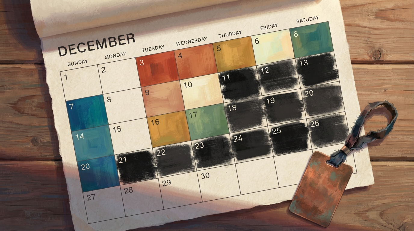 Editorial illustration of Overhead flat-lay of an open winter wall calendar pinned to a cedar plank wall, several date squares blacked out with so