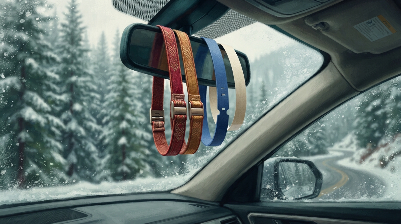 Editorial illustration of Interior view through a frosted car window: four lift-access wristbands dangle from the rearview mirror - two identical 