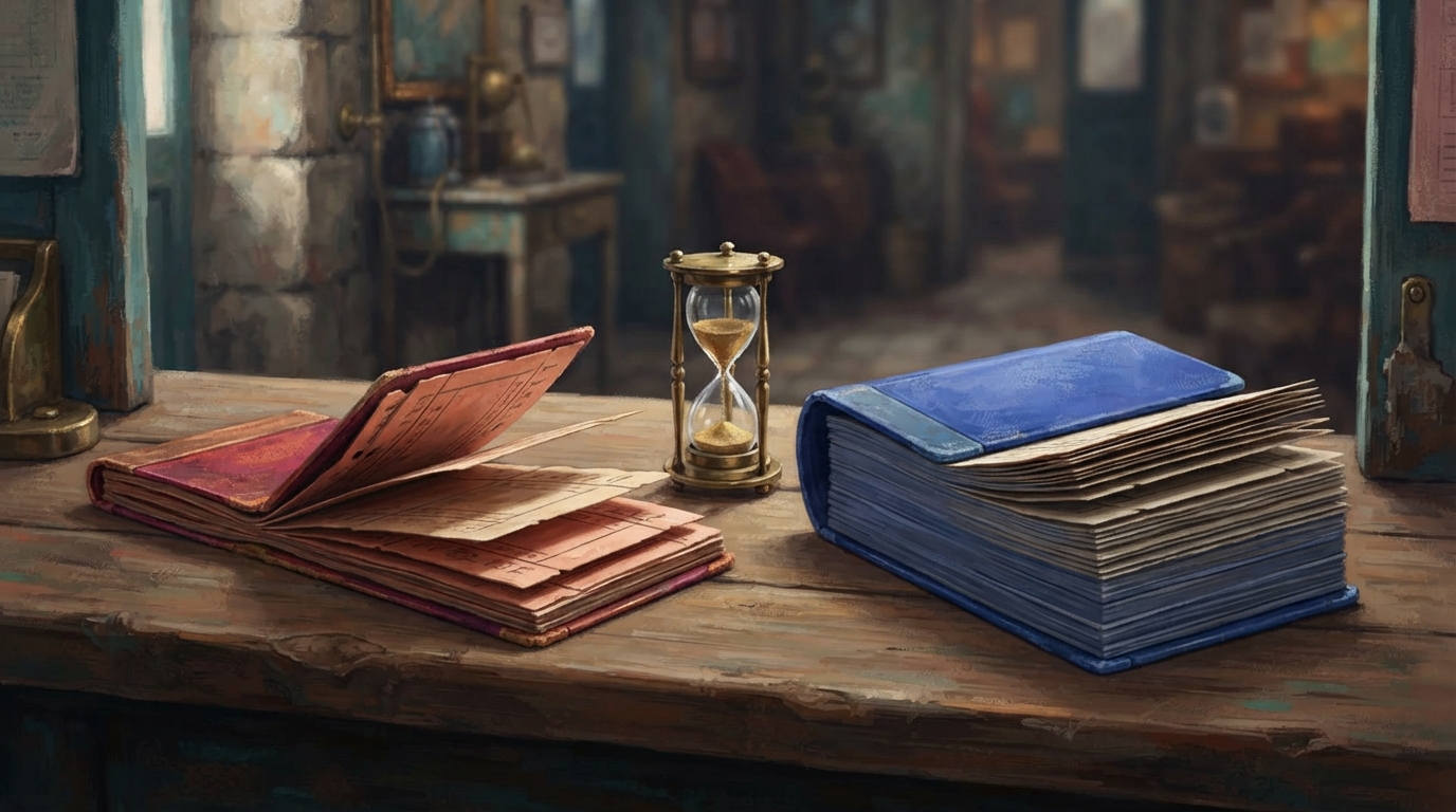 Editorial illustration of Side-by-side on a worn wooden counter, two ticket booklets fanned open - a slender crimson-and-copper booklet with only 