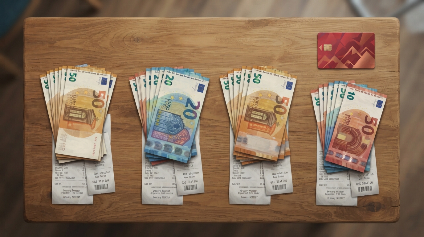 Editorial illustration of Overhead flat-lay on a rustic oak table: four equal stacks of folded bills fanned evenly in a neat row representing a sh