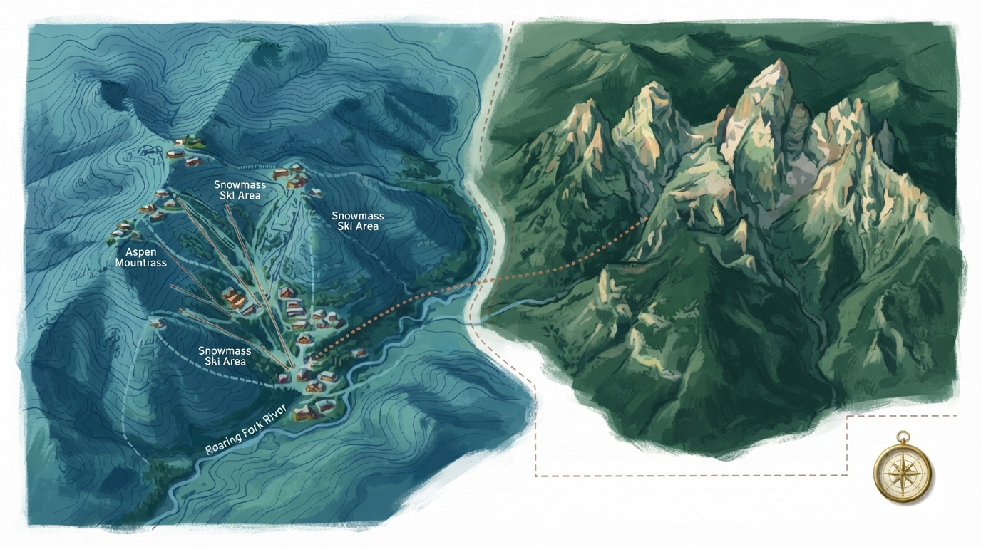 Editorial illustration of Illustrated topographic map bridging two mountain territories - Aspen Snowmass rendered in cobalt-blue elevation contour