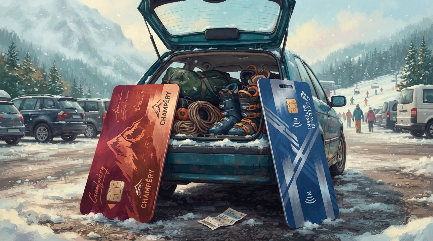 Editorial illustration of A cramped rental car trunk in a mountain parking lot, half-loaded with ski bags and boots, dwarfed by two oversized ski , representing how to plan a group ski trip with different passes