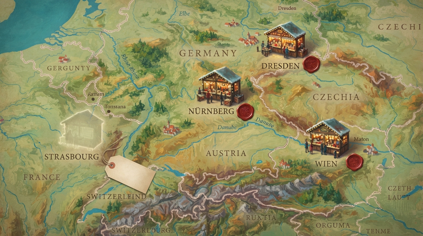 Editorial illustration of An illustrated map of central Europe with small painted Christmas-market stall icons marking Nuremberg, Dresden, Vienna,