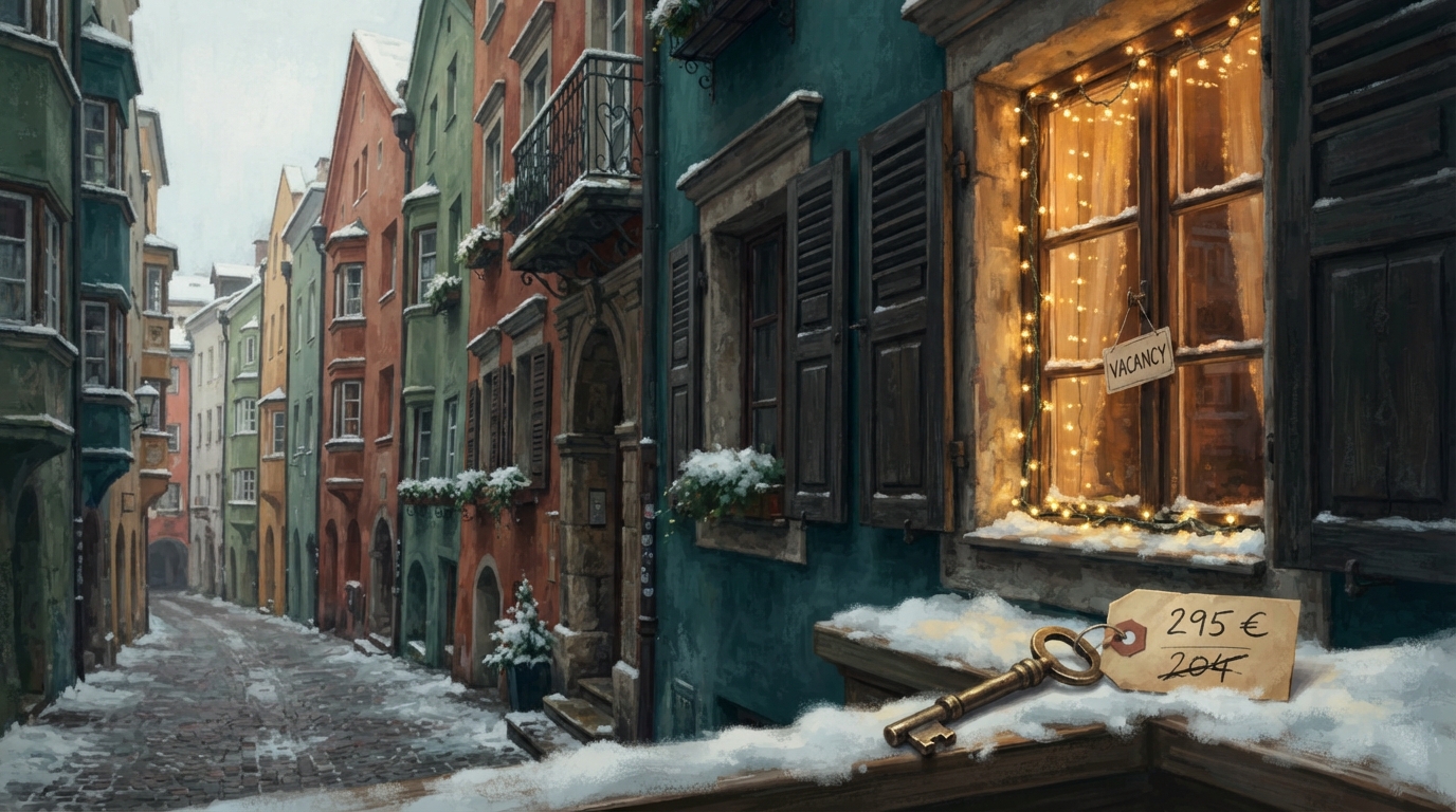 Editorial illustration of A narrow row of steep-gabled Innsbruck townhouses dusted with fresh snow, only a single window strung with warm fairy li