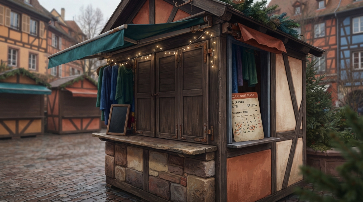 Editorial illustration of A single half-timbered Alsatian market stall with its wooden shutters pulled three-quarters closed and a small chalkboar