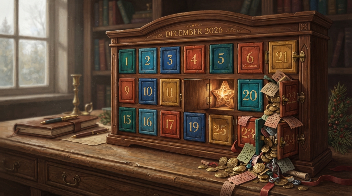 Editorial illustration of A wooden Advent calendar for December 2026, most small numbered doors shut, but one door near the twentieth swung open t