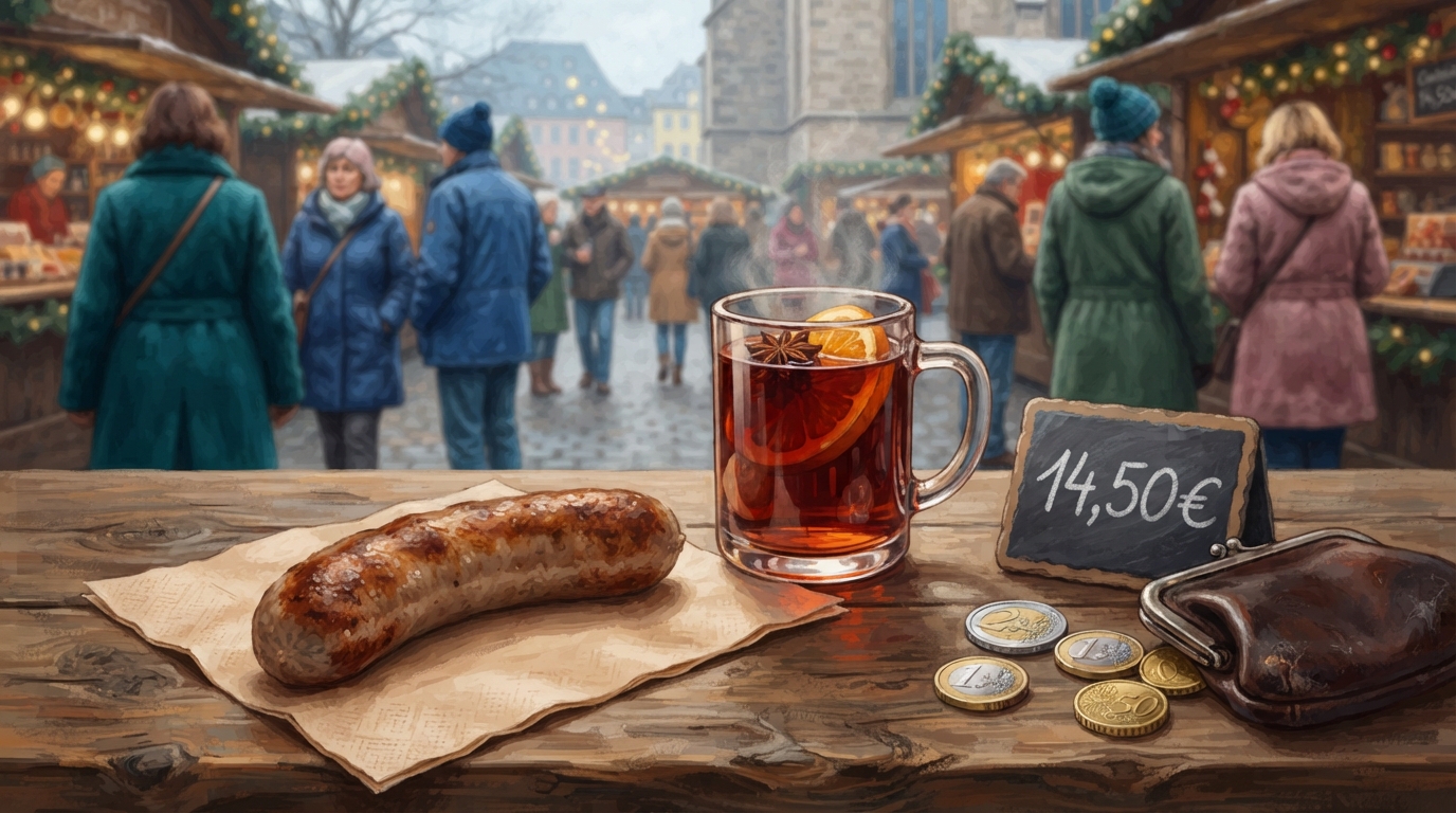 Editorial illustration of A single bratwurst on a paper napkin beside a glass mug of mulled wine, set on a rustic wooden market counter