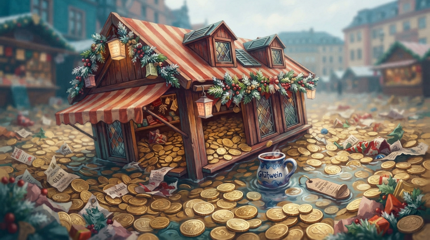Editorial illustration of A miniature wooden Christmas market stall, its striped awning and paper lanterns still intact, half submerged in a risin, representing europe christmas markets 2026 budget guide