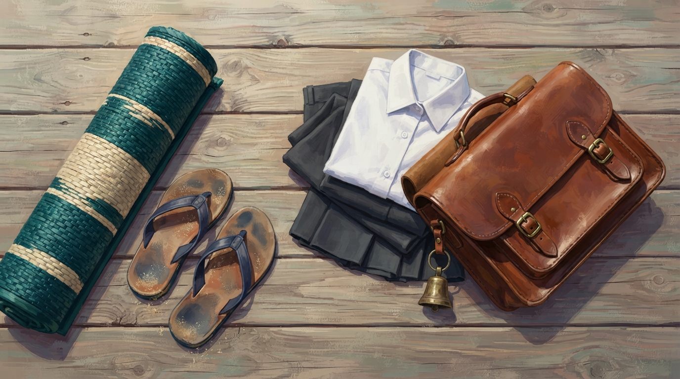 Editorial illustration of Overhead flat-lay of a rolled beach mat and a pair of worn flip-flops being nudged aside by a stack of neatly folded sch