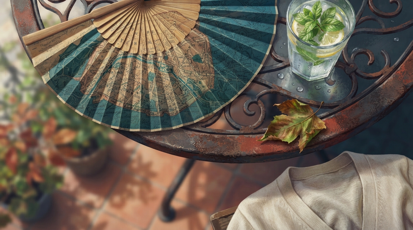 Editorial illustration of Overhead flat-lay of a paper fan patterned with a faded map of Paris resting beside a sweating glass of mint and lemon w
