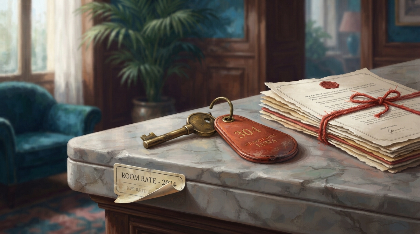 Editorial illustration of still life of a brass hotel room key and worn leather fob resting on a marble reception counter beside a stack of offici