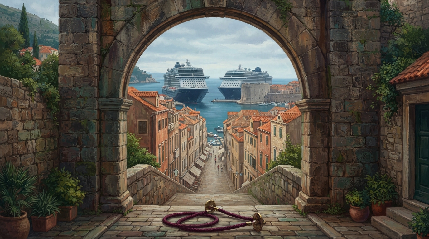 Editorial illustration of A view through Dubrovnik's stone Pile Gate archway toward the harbor, where two towering cruise ships loom improbably la