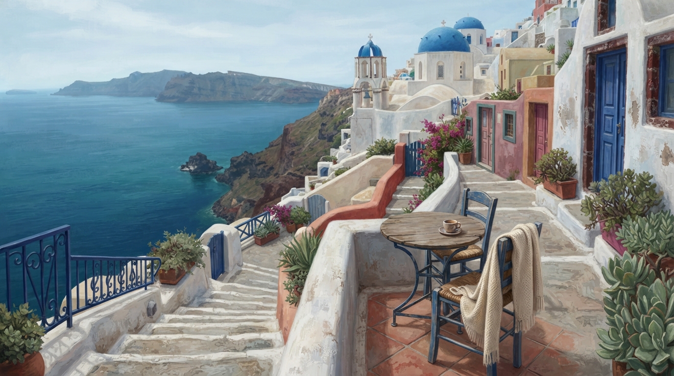 Editorial illustration of A narrow whitewashed stairway winding down Santorini's caldera cliffside past blue-domed rooftops, with a single empty c
